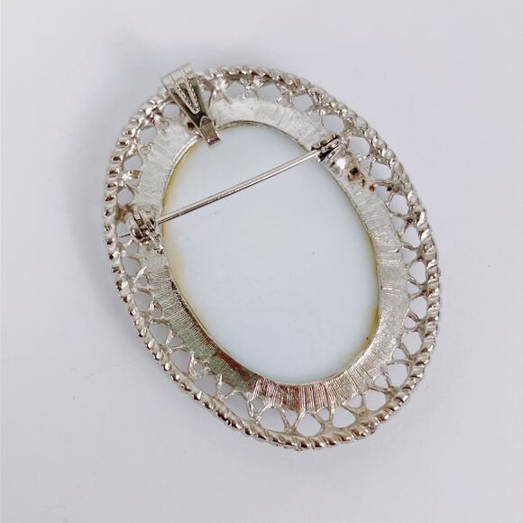 Vintage Mid Century Porcelain Floral Cameo Brooch Pendant Silver Filigree Oval - Picture 9 of 11